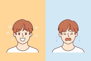 Little boy smiles and begins to cry due to fatigue or problems with socialization vector