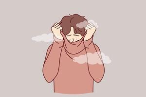 Depressed man hides face behind collar of sweater, feeling ashamed of actions, causing stress vector