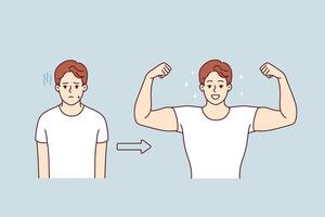 Muscular man shows biceps, standing next to previous version of himself, rejoicing at transformation vector
