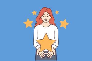 Feedback from woman showing large star, symbolizing high rating for quality product vector