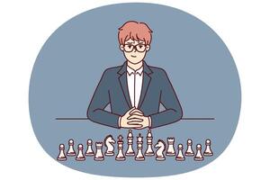 Business man with chess pieces sits at table and looks at screen for concept of strategic planning vector