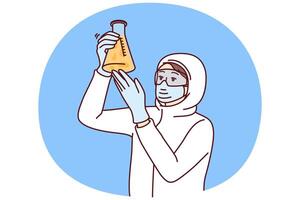 Chemist laboratory assistant holds test tube with reagent examining hazardous substance vector