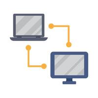 Two computers connected to each other with a yellow arrow vector