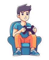 A cartoon boy sitting on a chair with a controller vector