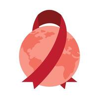 Red ribbon around the globe and a world map vector