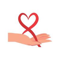 Hand holding a red ribbon with a heart shape vector