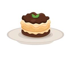 A cake with chocolate frosting and mint on a plate vector