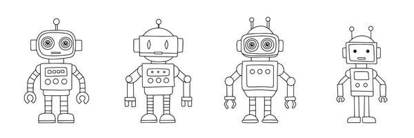 Collection of retro robot in doodle style. Hand drawn art. vector