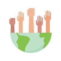 Hands raised up in the air around the earth vector