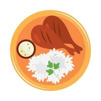 A plate with rice and chicken on it vector
