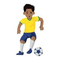 A cartoon boy in yellow and blue soccer uniform kicking a soccer ball vector