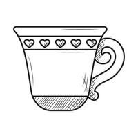 A cup with hearts on it is drawn in black and white vector