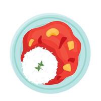 A plate with rice and tomato on it vector