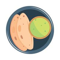 A flat icon of a plate with bread and green sauce vector