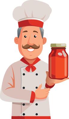 Smiling chef character holding jar of tomato sauce or ketchup