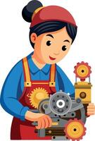 Female mechanic repairing engine with gears and cogs vector