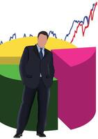 Businessman standing with growing charts and pie graph vector