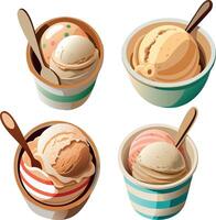 Two scoops of ice cream resting in a white bowl with a spoon- vector