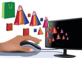Hand clicking mouse on computer with shopping bags coming out of screen vector