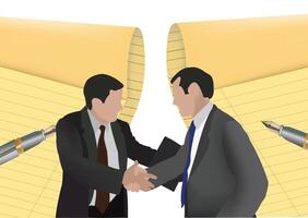 Two businessmen shaking hands in front of contracts being signed vector