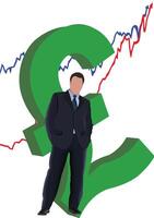 Businessman standing with pound symbol and positive trend graph vector