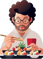 Hungry man enjoying eating sushi using chopsticks with funny expression vector