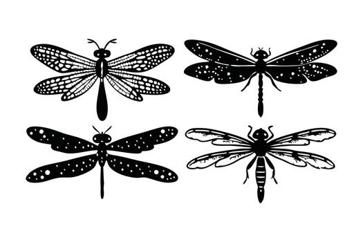 Dragonfly in smile with halftone stipple effect linocut flat illustration on white background. vector