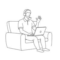 Man sitting on sofa at home wearing headset, talking on call continuous line art flat illustration. vector