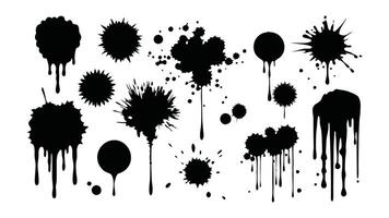 Grungy paint brush strokes and artistic ink splatters with smears and stains linocut flat illustration. vector