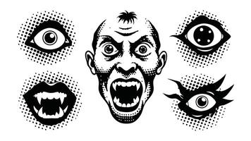 Eyes, mouth, head with halftone stipple effect, design for poster, banner etc linocut flat illustration vector