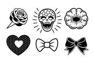 Mouth, heart, brain, head, scream, hand, flower, bow ribbon with halftone stipple effect linocut flat illustration vector