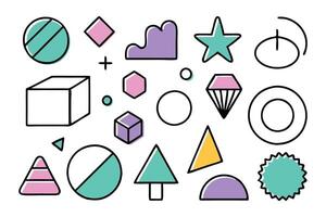 A collection of various geometric shapes, including circles, squares, and triangles, arranged in an artistic layout flat illustration on white background vector