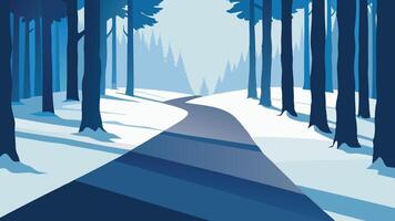 Forest path blanketed in snow, leading through tall trees, creating a peaceful winter landscape flat illustration vector