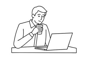 man works in the office at a desk, sits in a chair in front of a laptop, holds a cup with a drink line art flat illustration. vector