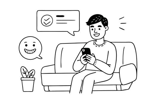 Man sitting on sofa at home and looking at mobile phone screen and happy with success and received message Line art flat illustration. vector