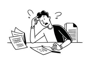 Office worker sits in the office at the table, holds papers in his hands, looks confusedly at documents and bills, Hand drawn flat illustration vector
