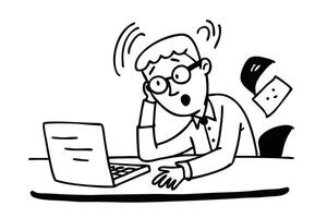 A cartoon man sits at a desk, focused on his laptop, surrounded by a tidy workspace and a cheerful atmosphere, Hand drawn style doodle line art illustration. vector