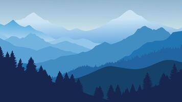 landscape featuring fog enveloping trees in the mountains, creating a tranquil and picturesque scene flat illustration vector