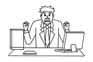 Frustrated businessman experiencing computer problems at work line art flat illustration vector