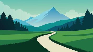 A serene path winds through a lush green field, bordered by trees and framed by distant mountains under a clear sky flat illustration vector