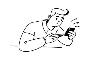 Man focusing on the mobile screen doodle line art flat black illustration. vector