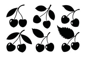 Sweet cherry with leaves silhouette set flat illustration on white background. vector