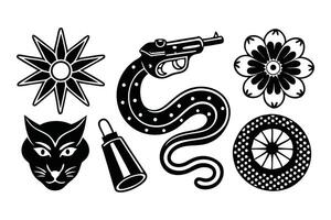Dangerous retro diverse tattoo designs displayed, showcasing intricate patterns and artistic styles Linocut flat illustration on white background vector