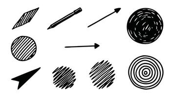 Hand drawn pencil arrows, scribbles and circle boxes. Doodle curved chalk darts. Texture design elements of scribble lines linocut flat illustration vector