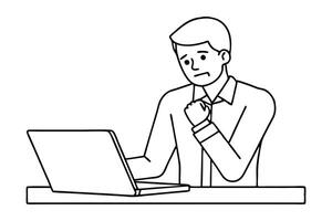 Man works in the office, sits at a desk with a laptop and holds his elbow with his hand, feels severe pain, grimaced from a seizure line art flat illustration vector