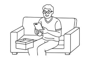 Man in glasses sitting happy at home on the couch, holding a phone and an open parcel box line art flat illustration vector