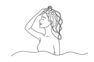 Woman washing hair in shower One line continuous line art illustration on white background vector