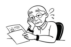 Problems with accounts and documents. Pensive and upset senior man sits at home doodle line art flat illustration vector