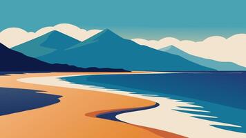 Sandy beach with gentle waves lapping at the shore, framed by majestic mountains in the background flat illustration vector