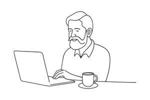 Old man working on laptop One line continuous line art illustration on white background. vector